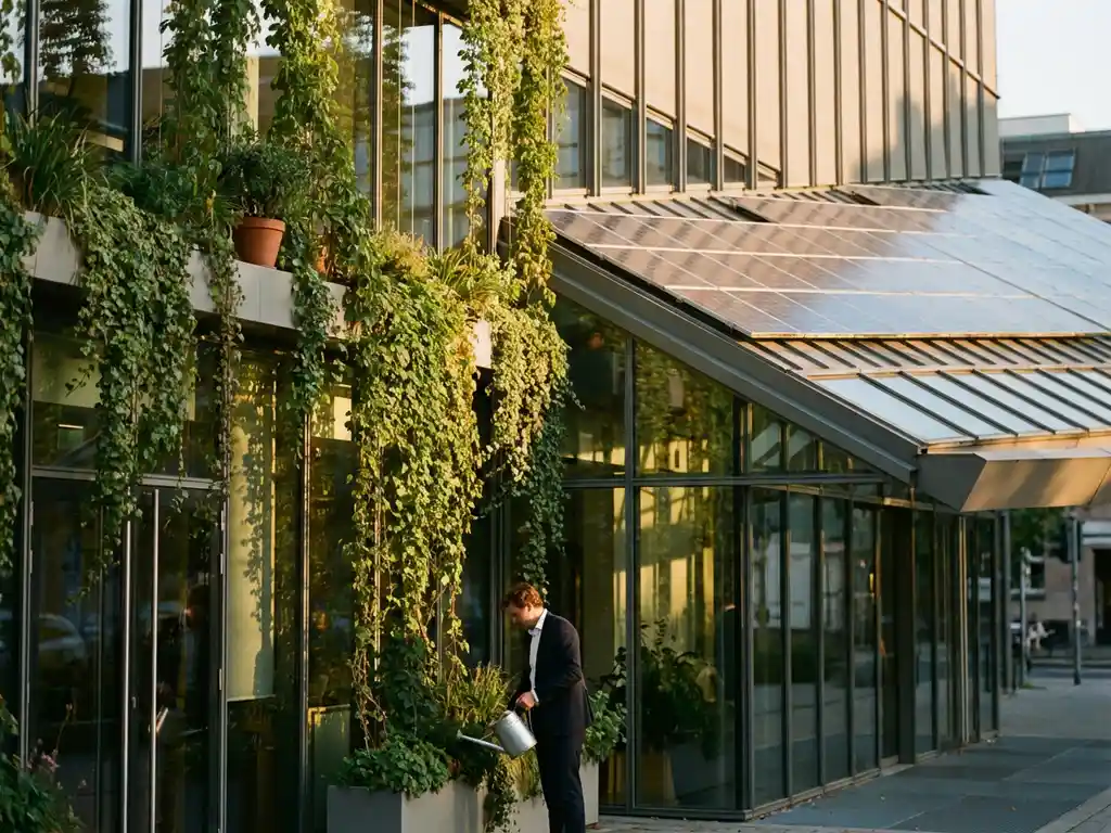 Modern glass office building with green plants on exterior walls, solar panels on roof, and businessperson watering plants at entrance.