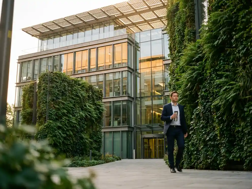 Businessman walking toward modern sustainable office building with green living walls and solar panels in morning light