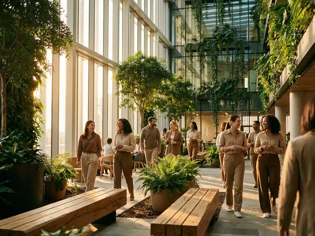 Modern glass office building with green living walls, diverse business professionals walking through bright sustainable lobby with plants.
