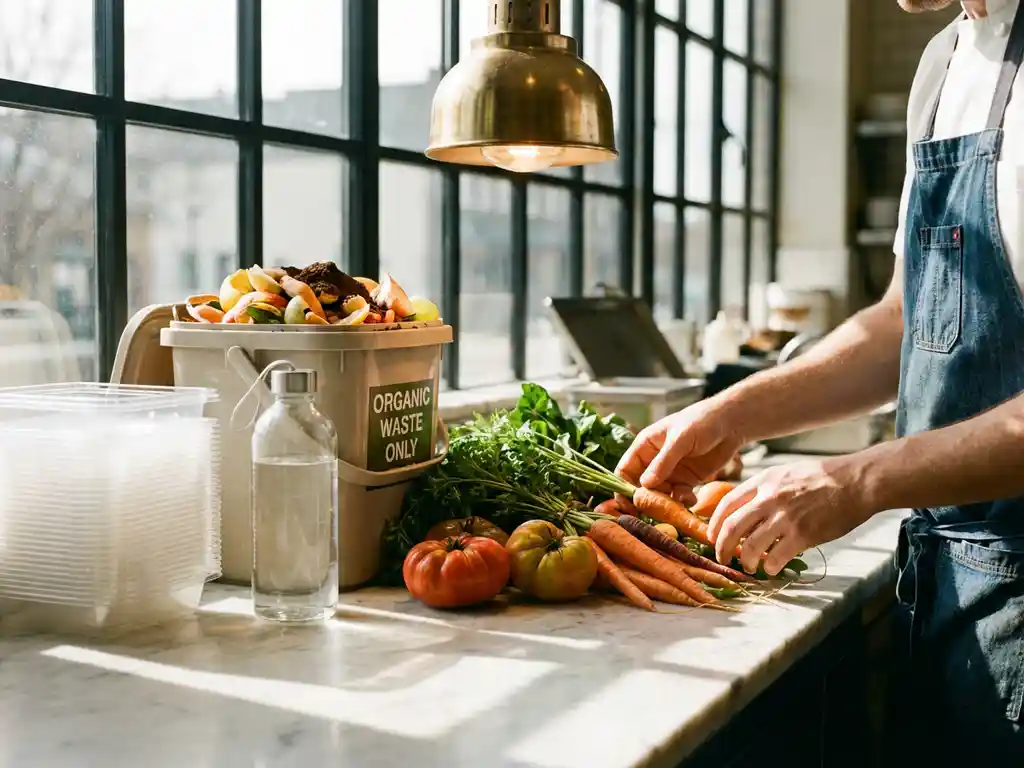 Chef sorting fresh organic vegetables on marble kitchen counter with compost bin and reusable containers in natural light.