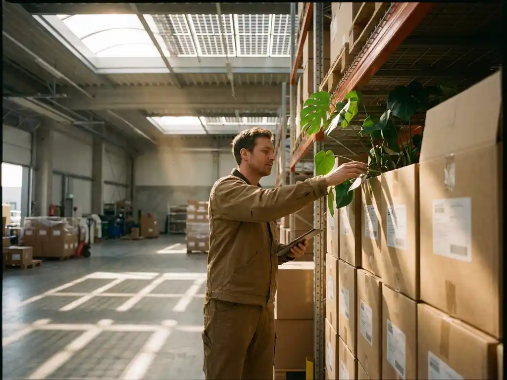 Worker tending green plant growing from recycled cardboard boxes in modern sustainable warehouse with solar panel skylights
