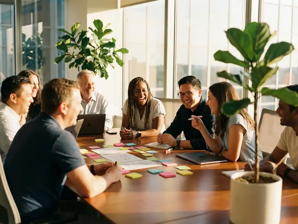 Diverse office colleagues laughing together around conference table during team meeting with natural sunlight and plant