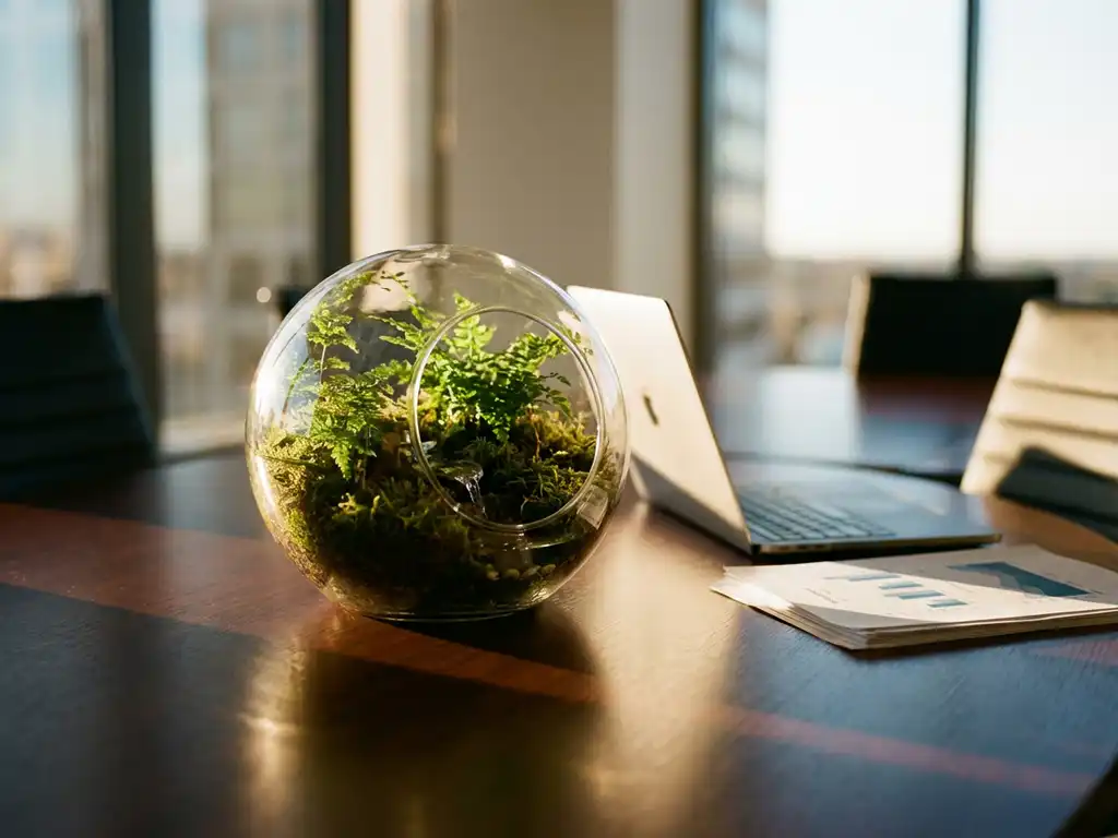 Glass terrarium with miniature plants and water on wooden conference table next to laptop and business documents in sunlit office