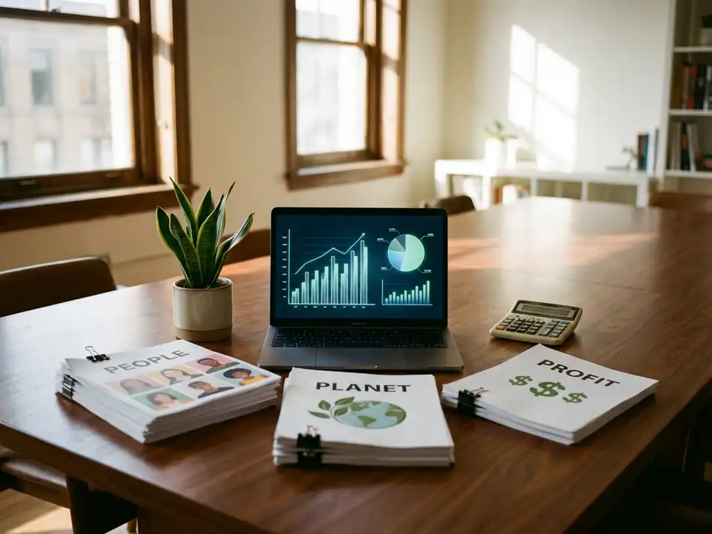 Laptop displaying financial charts on wooden conference table with three document stacks, plant, and calculator in office setting.