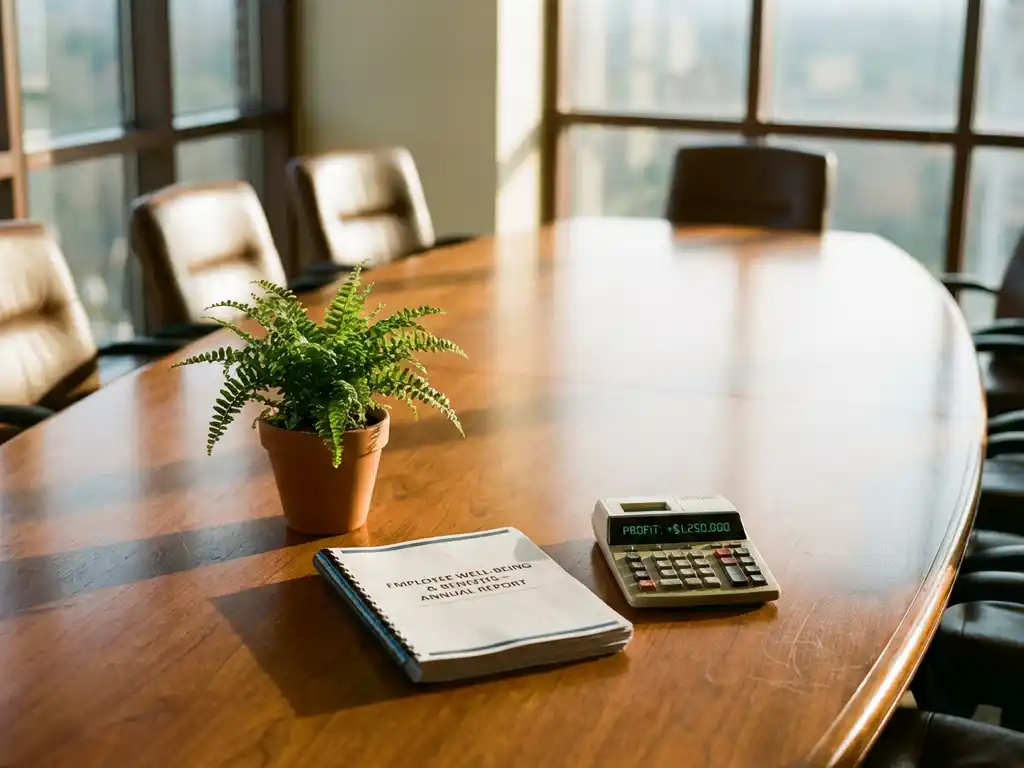 Wooden conference table with plant, employee documents, and calculator arranged in triangle representing triple bottom line in boardroom