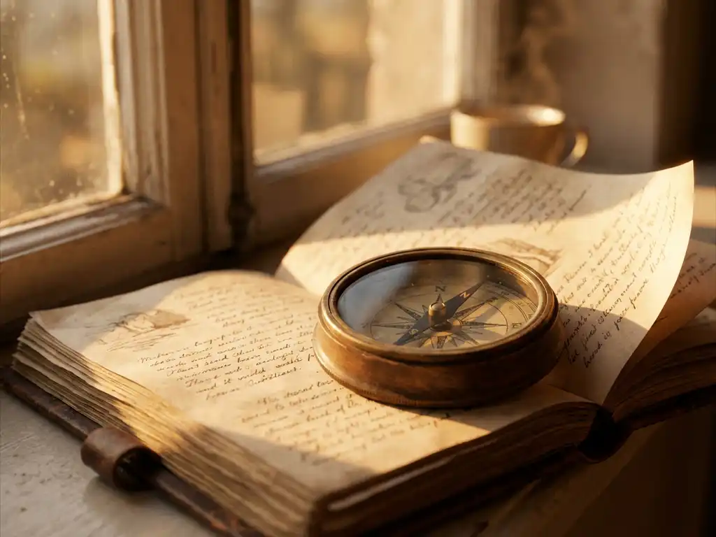Weathered wooden compass pointing north on open leather journal with handwritten pages in golden sunlight