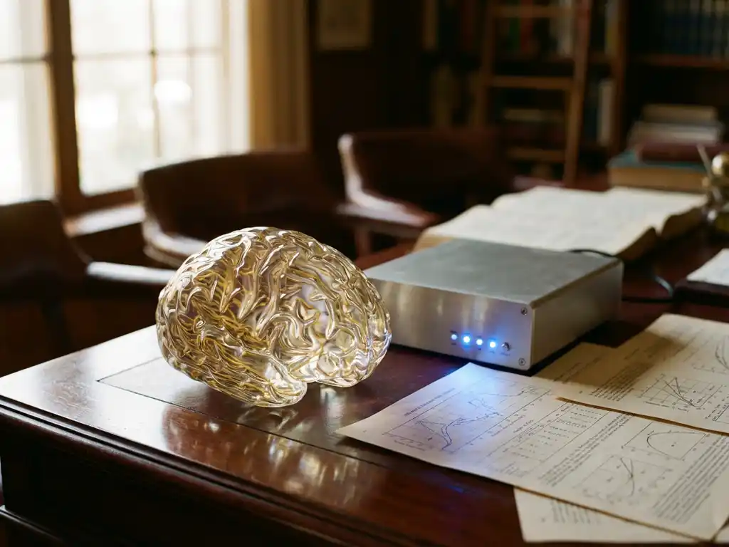 Glass brain sculpture with golden neural networks beside AI processing unit with blue LEDs on mahogany desk with charts below.