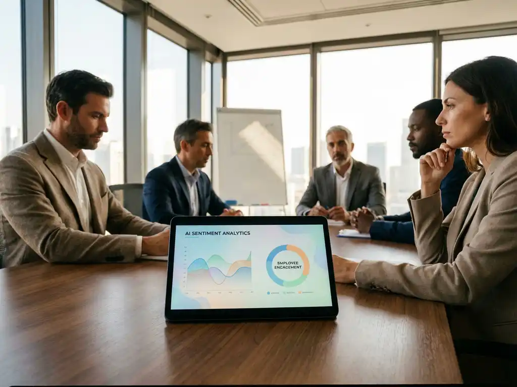 Diverse professionals in modern conference room with AI tablet displaying data analytics on wooden table