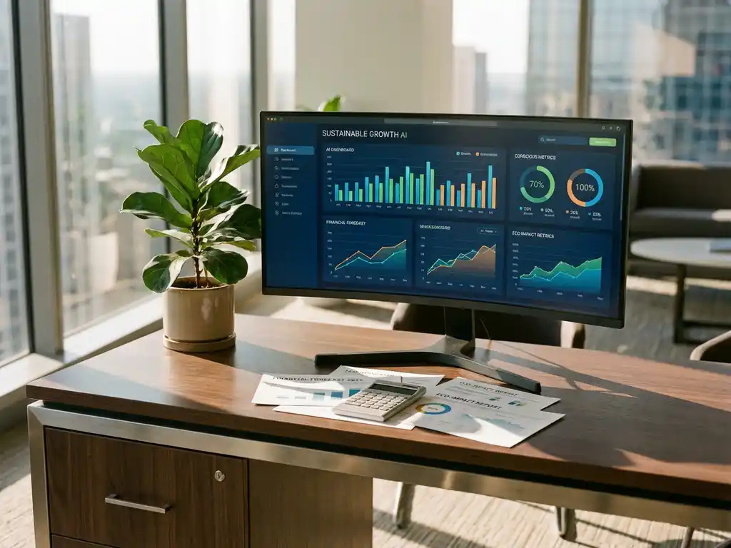 Modern office desk with AI dashboard displaying colorful data visualizations on monitor, green plant, and financial documents