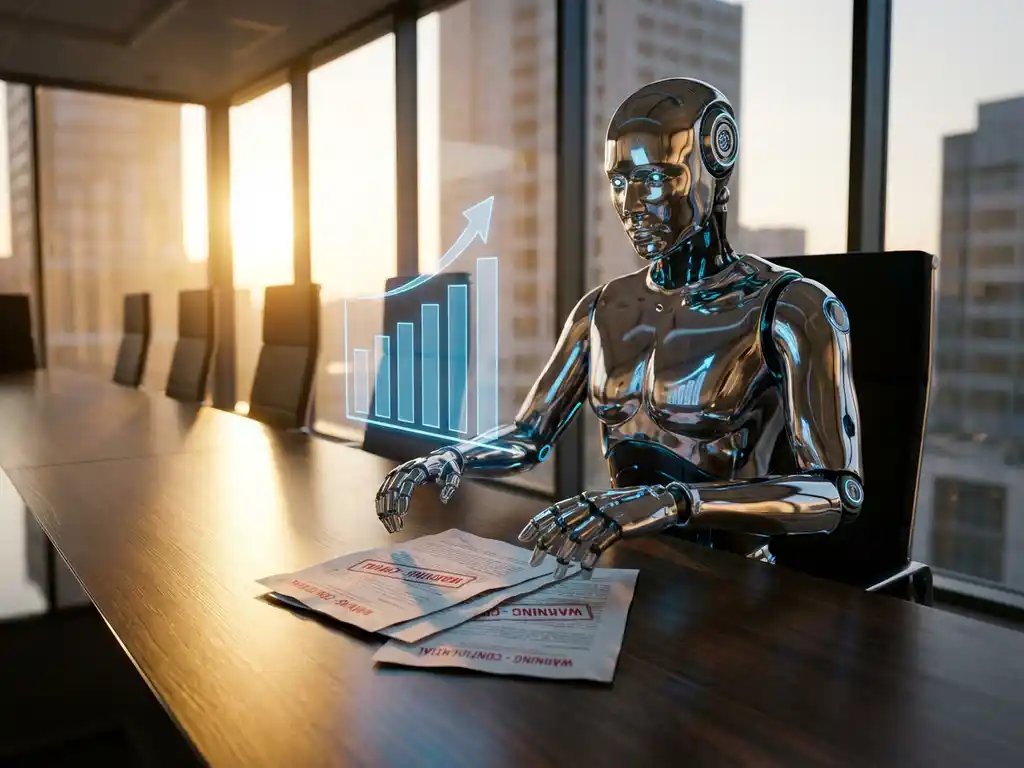 AI robot assistant at corporate boardroom table displaying holographic growth chart with warning documents, dramatic sunlight streaming through windows.
