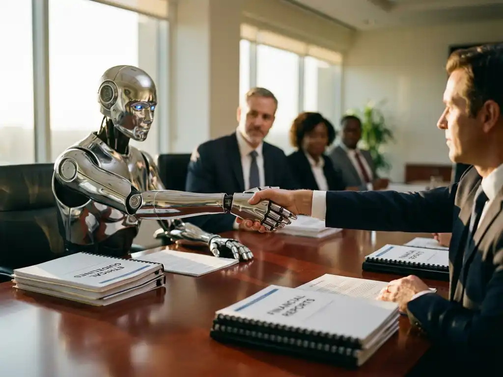 Humanoid robot with blue LED eyes shaking hands with business executive across boardroom table with financial reports