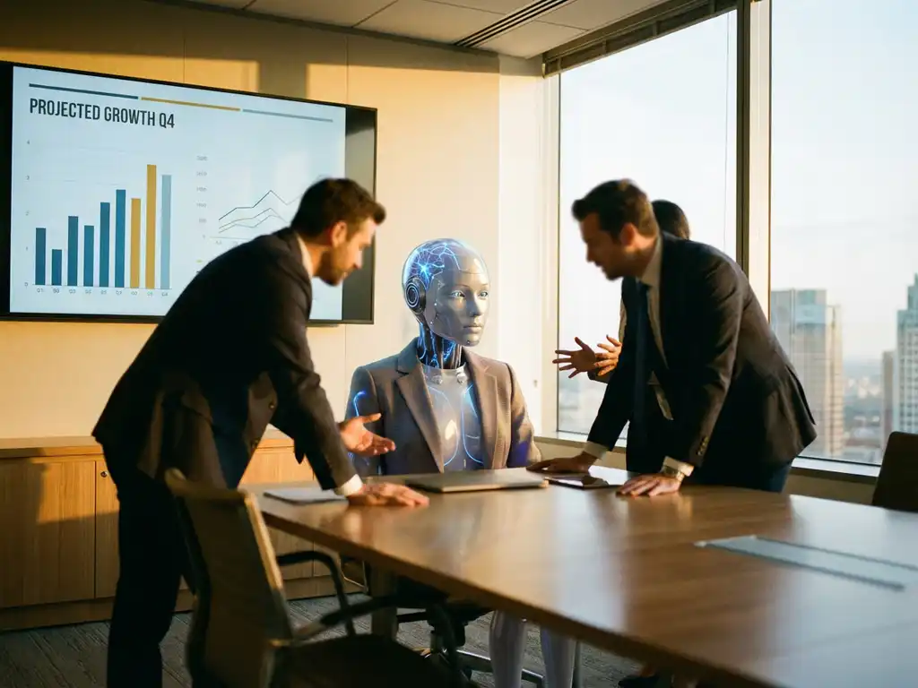 Humanoid robot with glowing neural pathways collaborating with business executives at conference table with data charts displayed