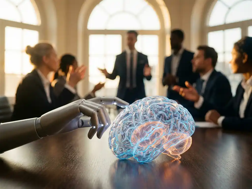 Robot hand touching glowing human brain on conference table with business professionals discussing AI collaboration
