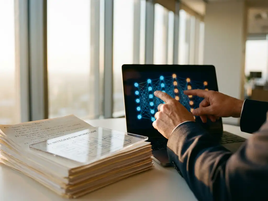 Executive pointing to neural network diagram on laptop screen at modern conference table with AI planning documents