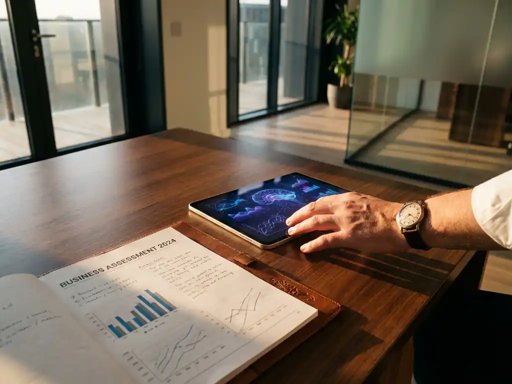 AI tablet displaying neural network patterns on modern office desk with business assessment report and professional's hand reaching toward device