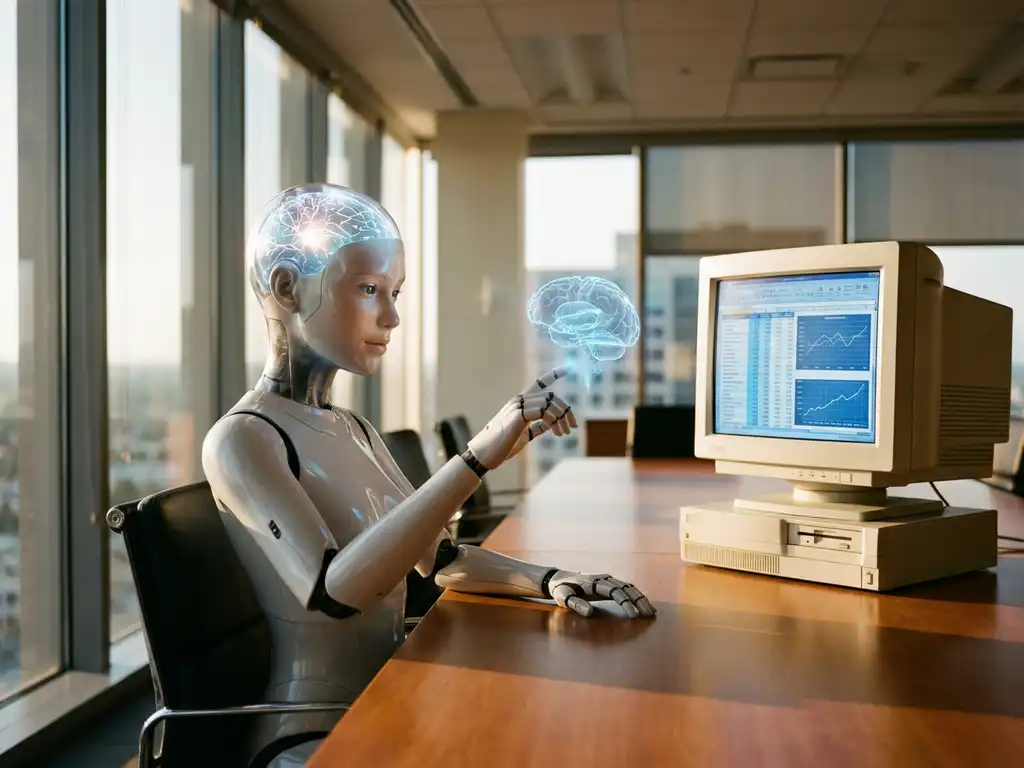Humanoid android with glowing neural pathways sits at conference table reaching toward holographic brain, computer displaying data charts nearby