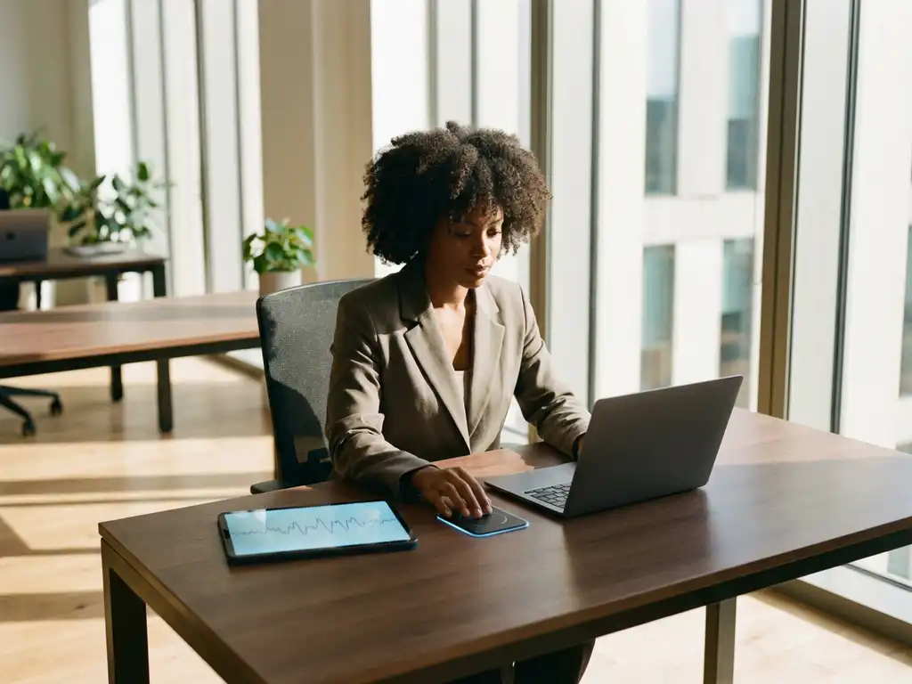 Professional office worker using laptop at modern desk with biometric sensors and brain wave monitoring technology