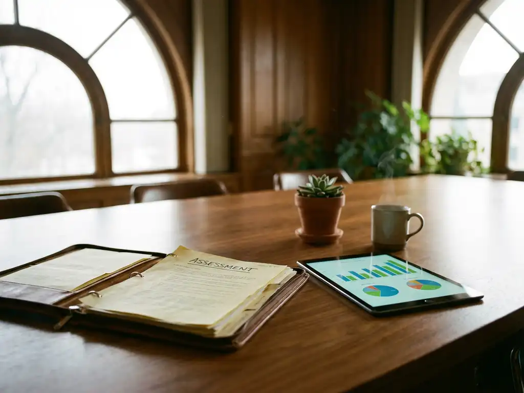 Wooden boardroom table with open assessment folder next to tablet showing analytics dashboards, coffee cup and succulent plant