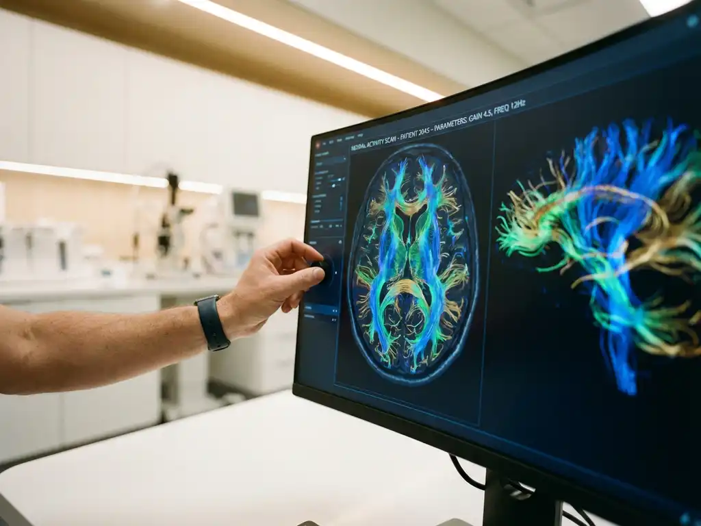 Medical professional adjusting brain scan monitor displaying neural activity patterns in modern neuroscience laboratory
