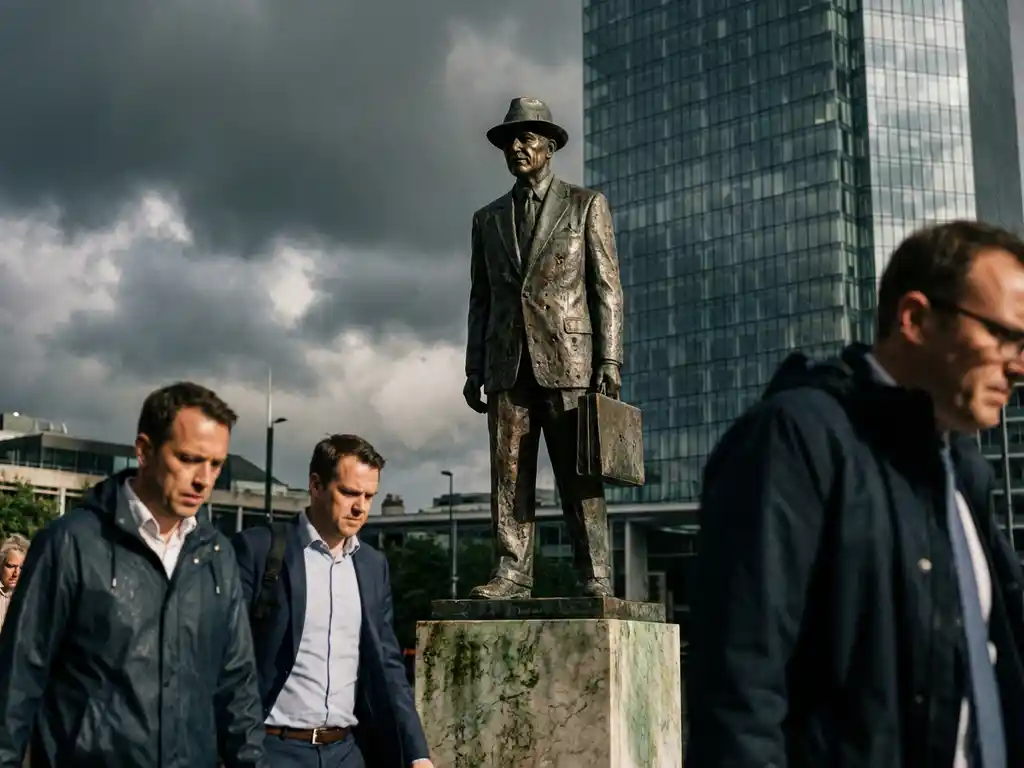 Weathered bronze statue of 1950s businessman on marble pedestal with storm clouds overhead as modern office workers pass by.