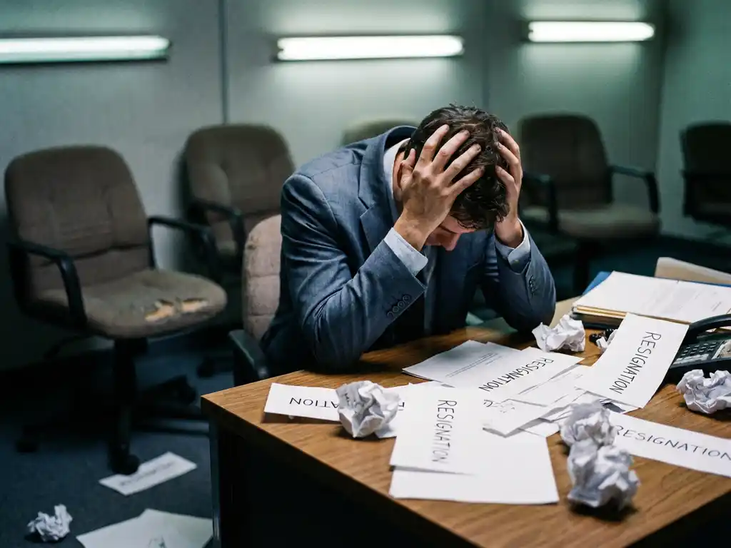 Stressed business professional with head in hands at desk surrounded by resignation letters in empty office