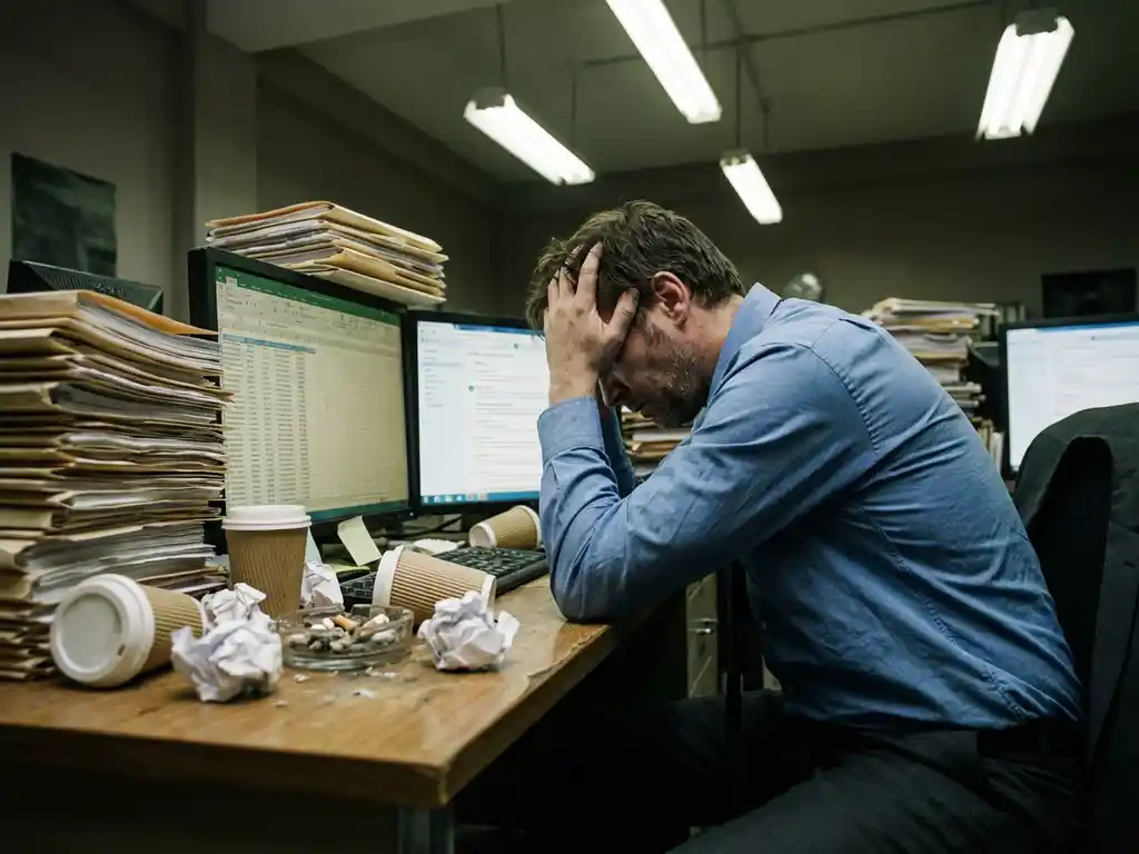 Exhausted office worker with head in hands at cluttered desk surrounded by paperwork stacks and glowing computer screens