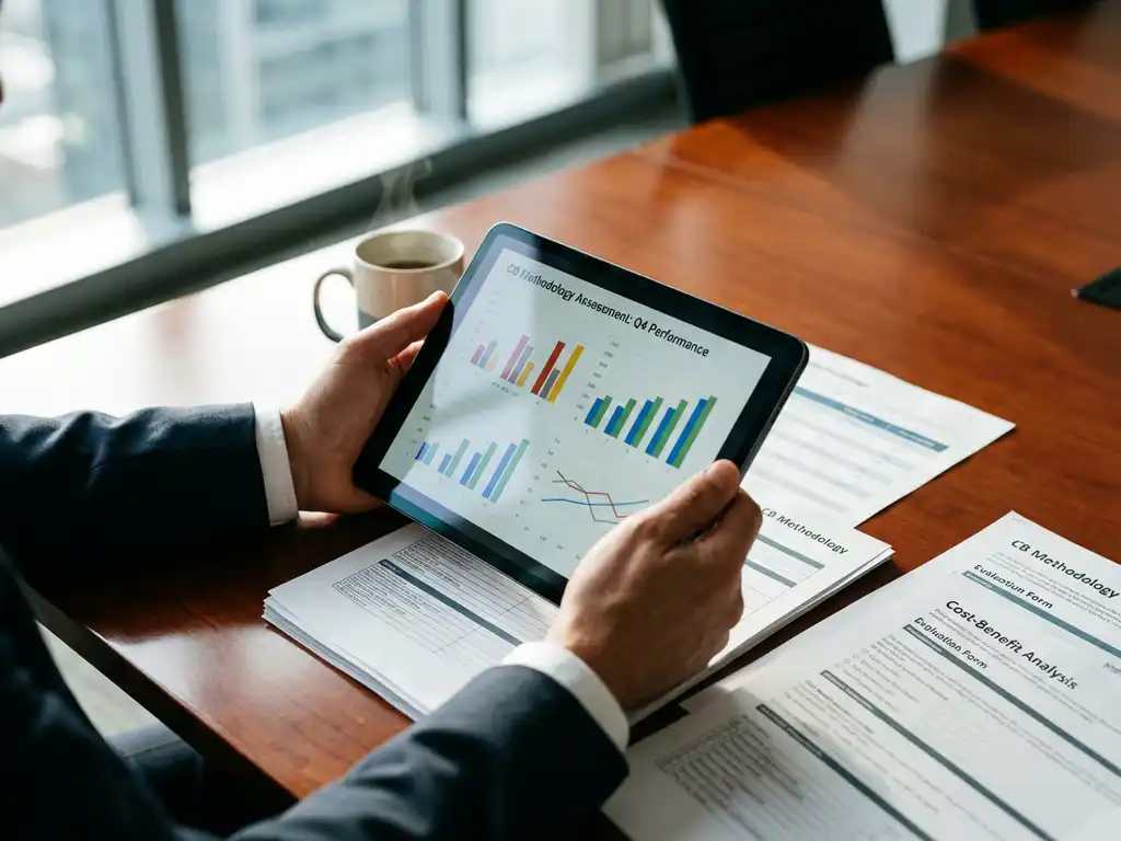 Business analyst holding tablet displaying assessment charts and graphs on mahogany conference table with documents