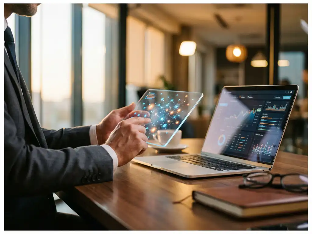 Businessman holding tablet with network analytics at modern office desk with laptop displaying data dashboards