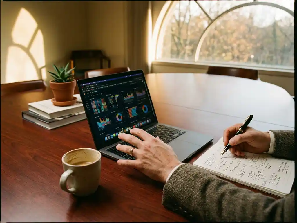 Person analyzing data charts on laptop at mahogany conference table, hand reaching toward screen with pen and notes nearby.