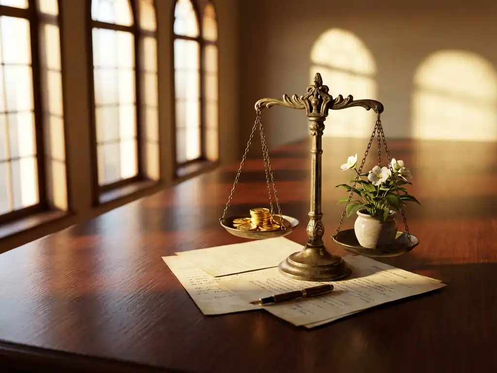 Brass scale on wooden conference table balancing gold coins and green plant, symbolizing profit versus purpose