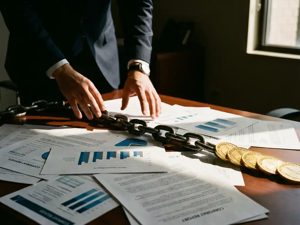 Businessman reaching toward chain transforming into golden coins on office desk with scattered financial documents