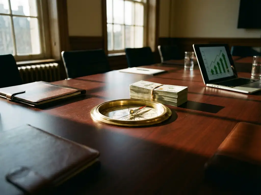 Brass compass on wooden conference table pointing toward stack of hundred-dollar bills with laptop showing upward charts