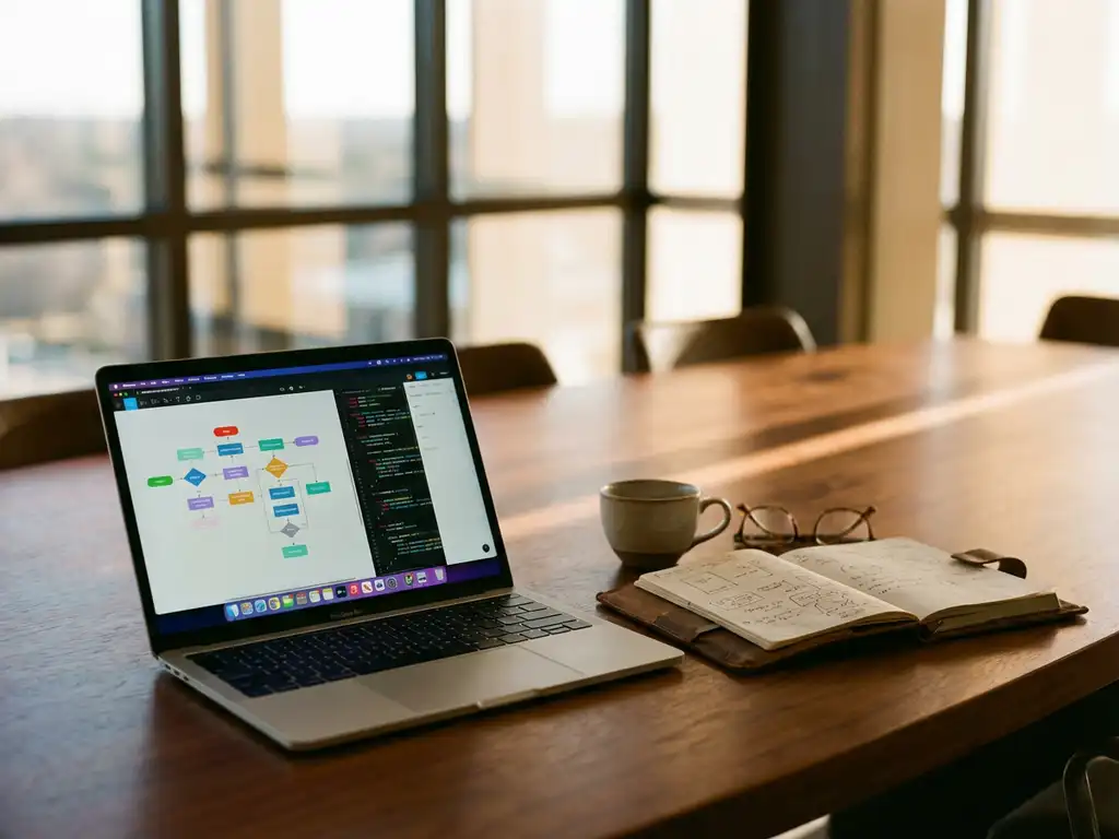 Open laptop displaying colorful flowcharts on modern conference table with notebook, coffee cup, and glasses in natural light