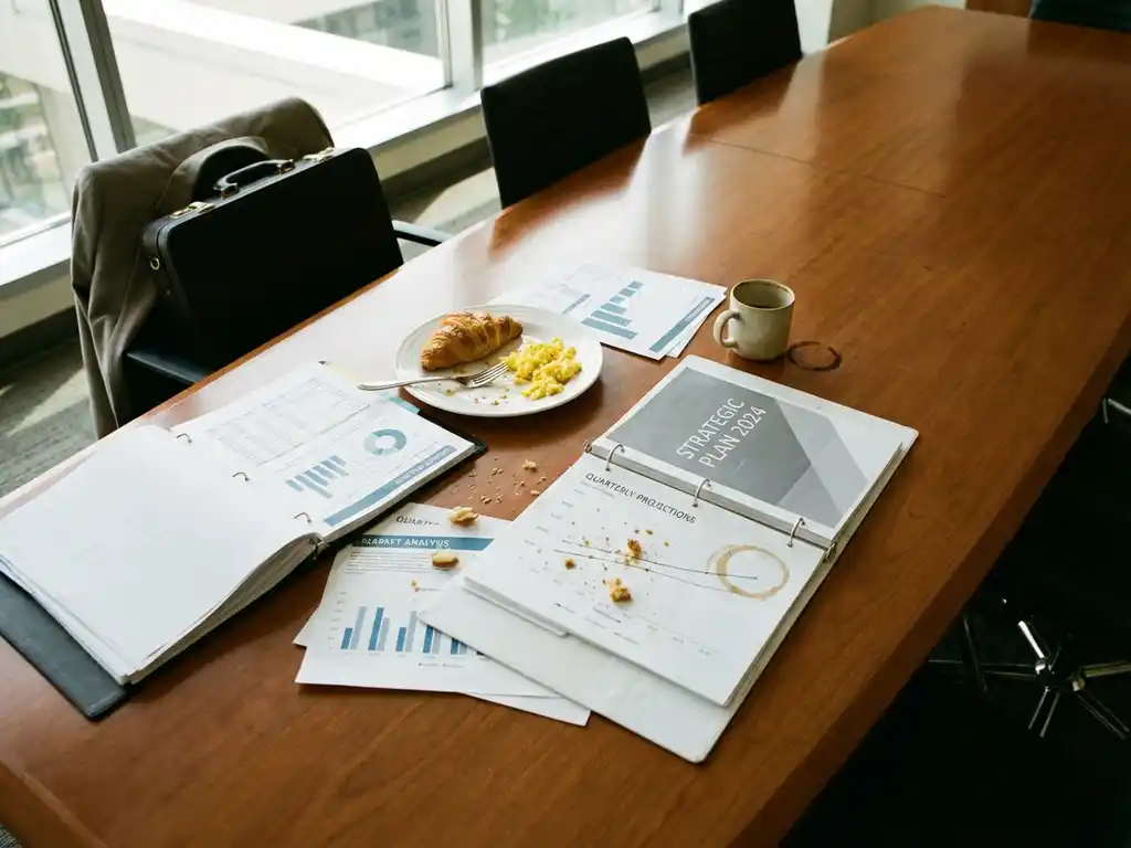 Business conference table with strategic planning documents, charts and graphs disrupted by breakfast plate and coffee mug stains.