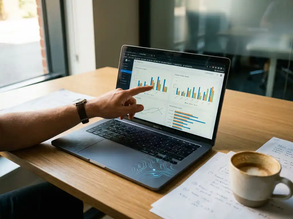 Person pointing at data visualization charts on laptop screen with AI circuit pattern, office desk with documents and coffee cup