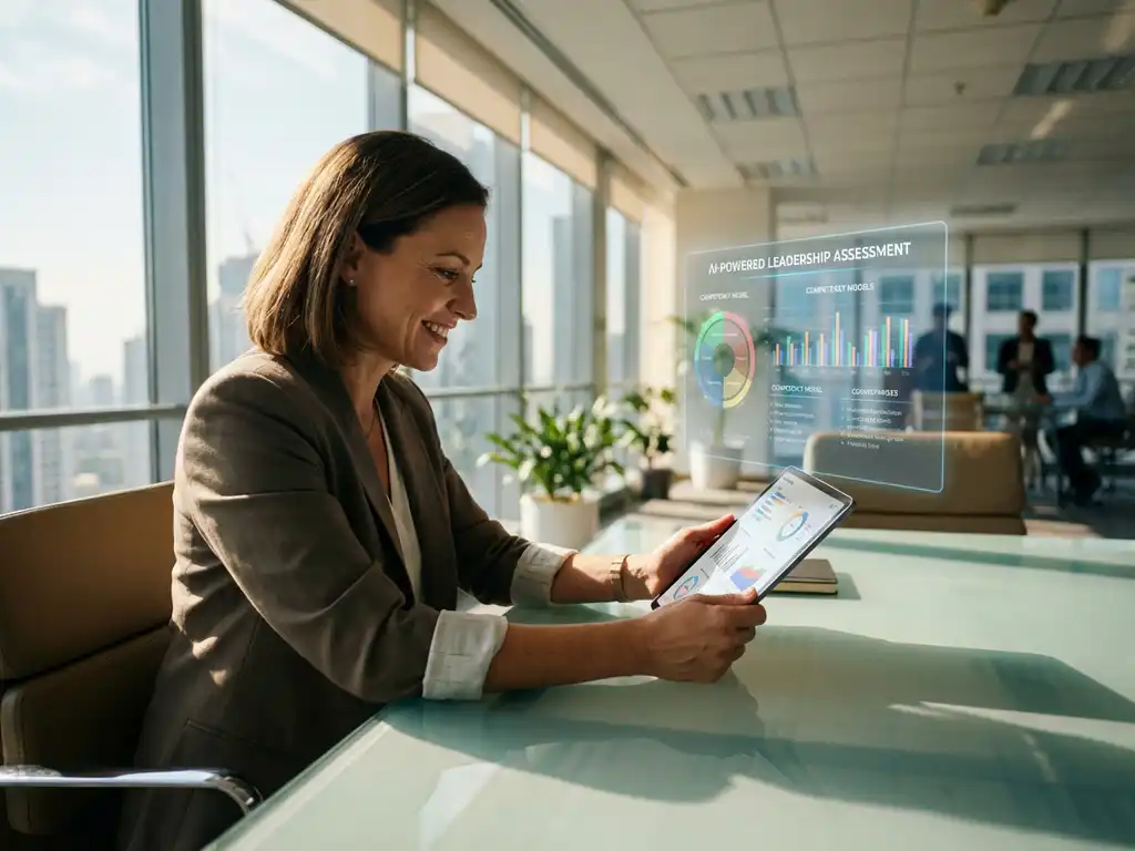Business executive reviewing AI leadership analytics on tablet at modern glass desk in bright corporate office