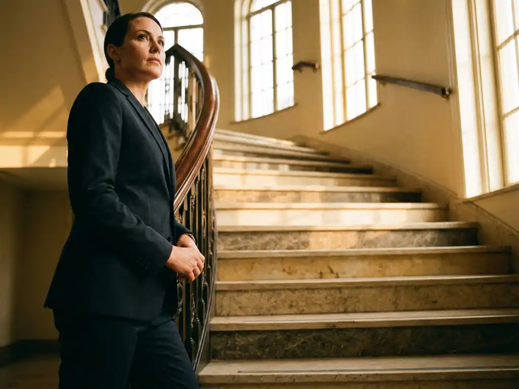 Business executive in professional attire standing at marble staircase, hand on banister, looking up with determination.