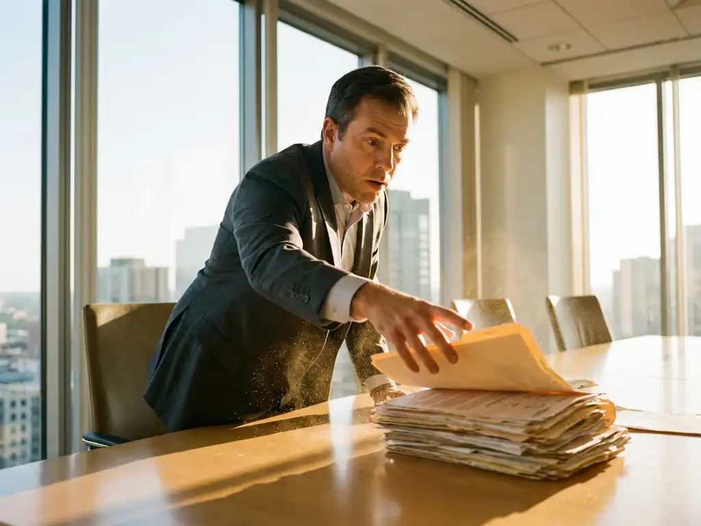 Business executive in suit reaching for documents on conference table with sunlight streaming through office windows