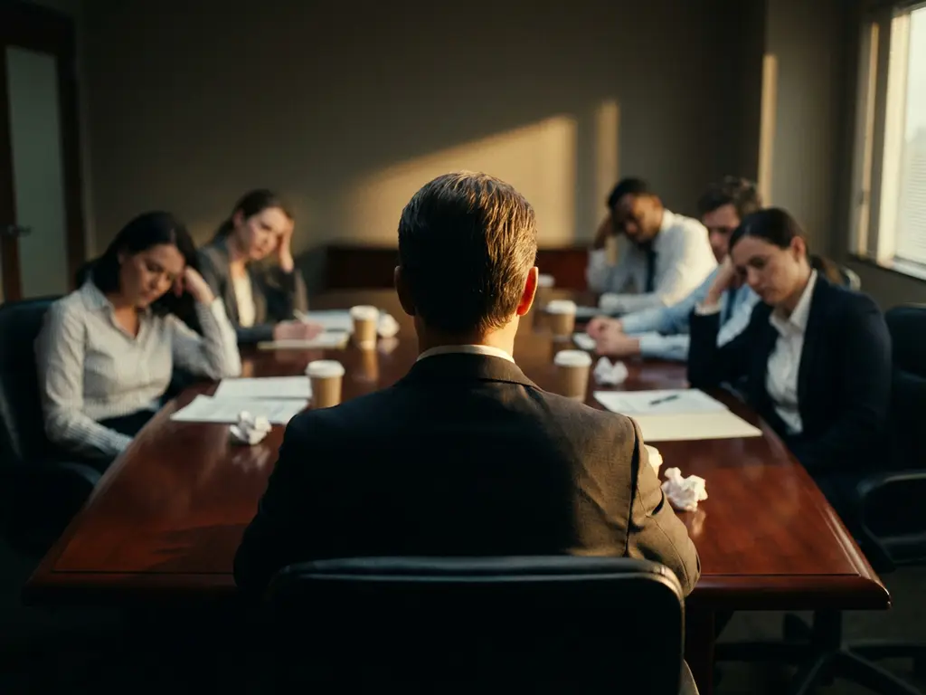 Business executive with back turned to frustrated team members at conference table in boardroom meeting