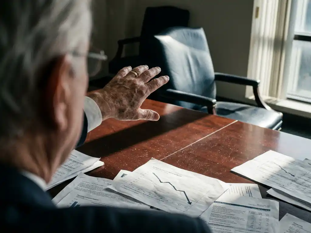 Business executive's hand reaching toward empty chair at conference table with scattered financial documents showing declining metrics.
