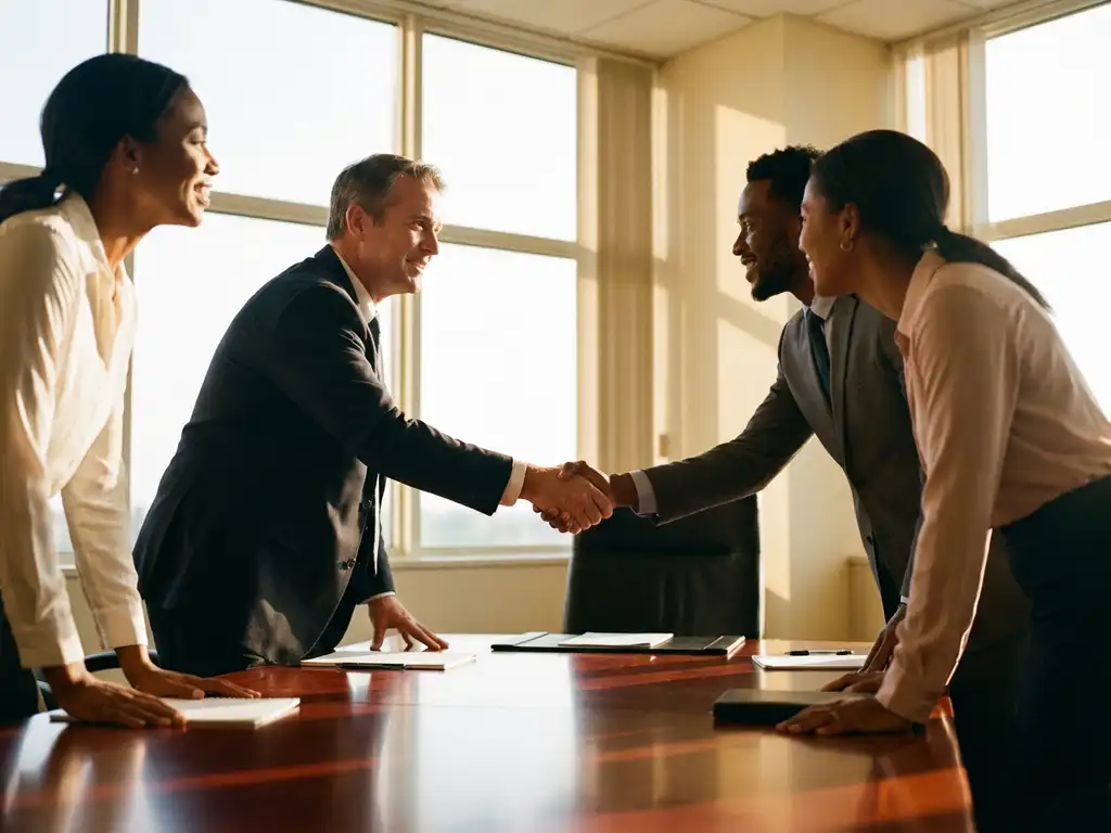 Business executive shaking hands with diverse stakeholders around conference table in bright office meeting room