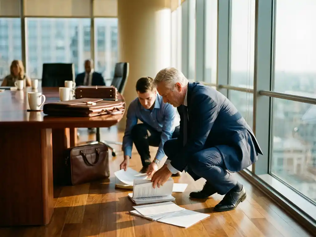 Business executive kneeling to help younger colleague organize documents on conference room floor in golden sunlight