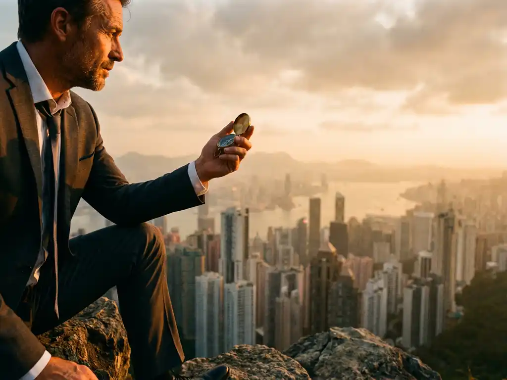 Business executive in suit holding compass on mountain summit overlooking city skyline at golden hour