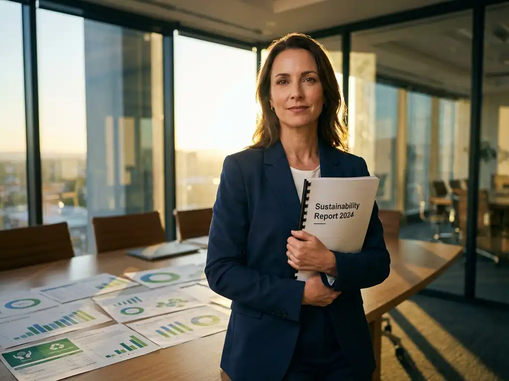 Business executive in navy suit holding sustainability report in modern boardroom with charts and golden hour lighting.