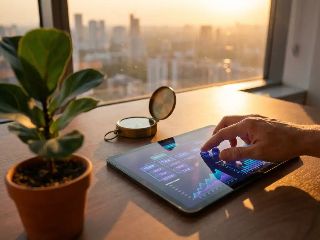 AI-powered tablet displaying organizational charts on modern office desk with compass, plant, and hands interacting with interface in golden sunlight