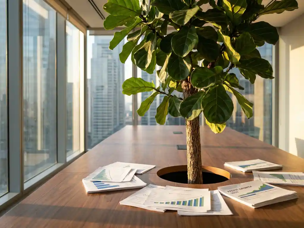 Green plant growing through center of wooden boardroom table with financial reports scattered beneath, sunlight streaming through windows.