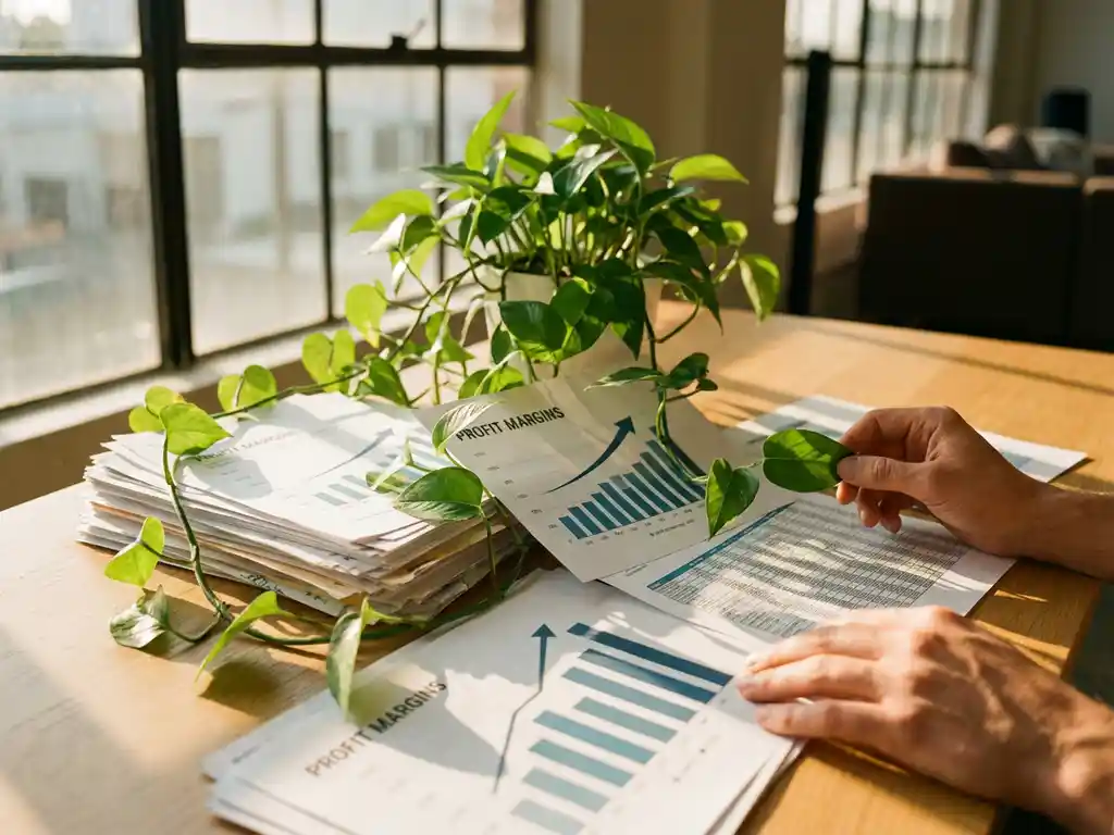 Green plant growing through stack of financial reports with upward trending charts on modern office desk in golden sunlight