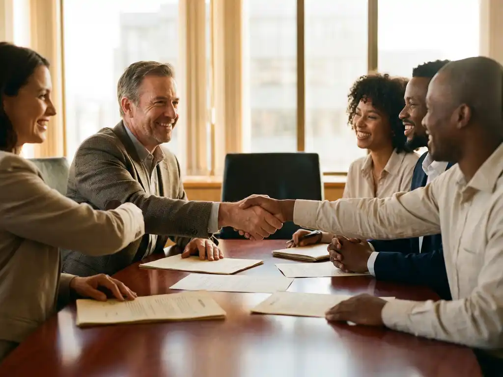 Business executive shaking hands with diverse stakeholders around conference table with partnership agreements