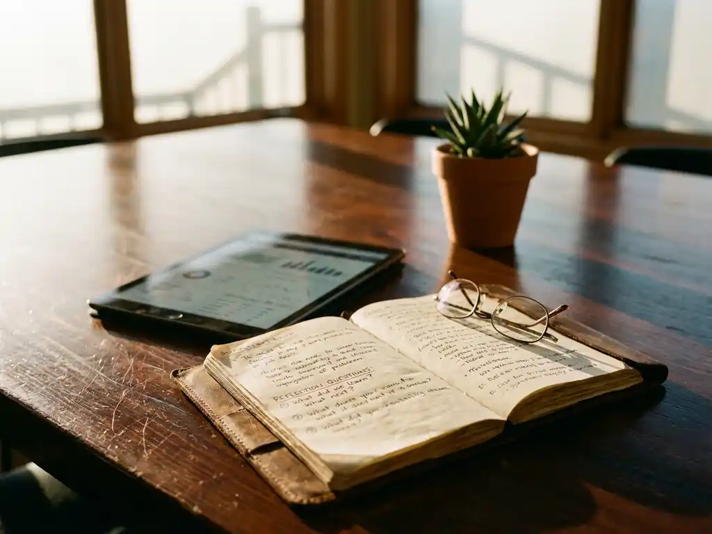 Open leather journal with handwritten notes on wooden boardroom table beside tablet showing business analytics and succulent plant