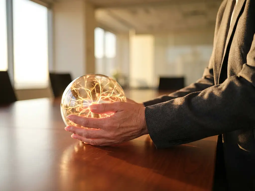 Business leader's hands holding glowing AI neural network sphere at conference table with natural lighting